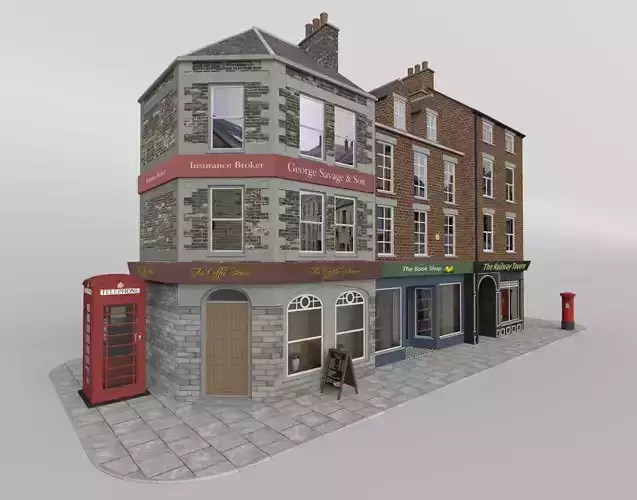 Uk town buildings with telephone and post box Low-poly 3D model