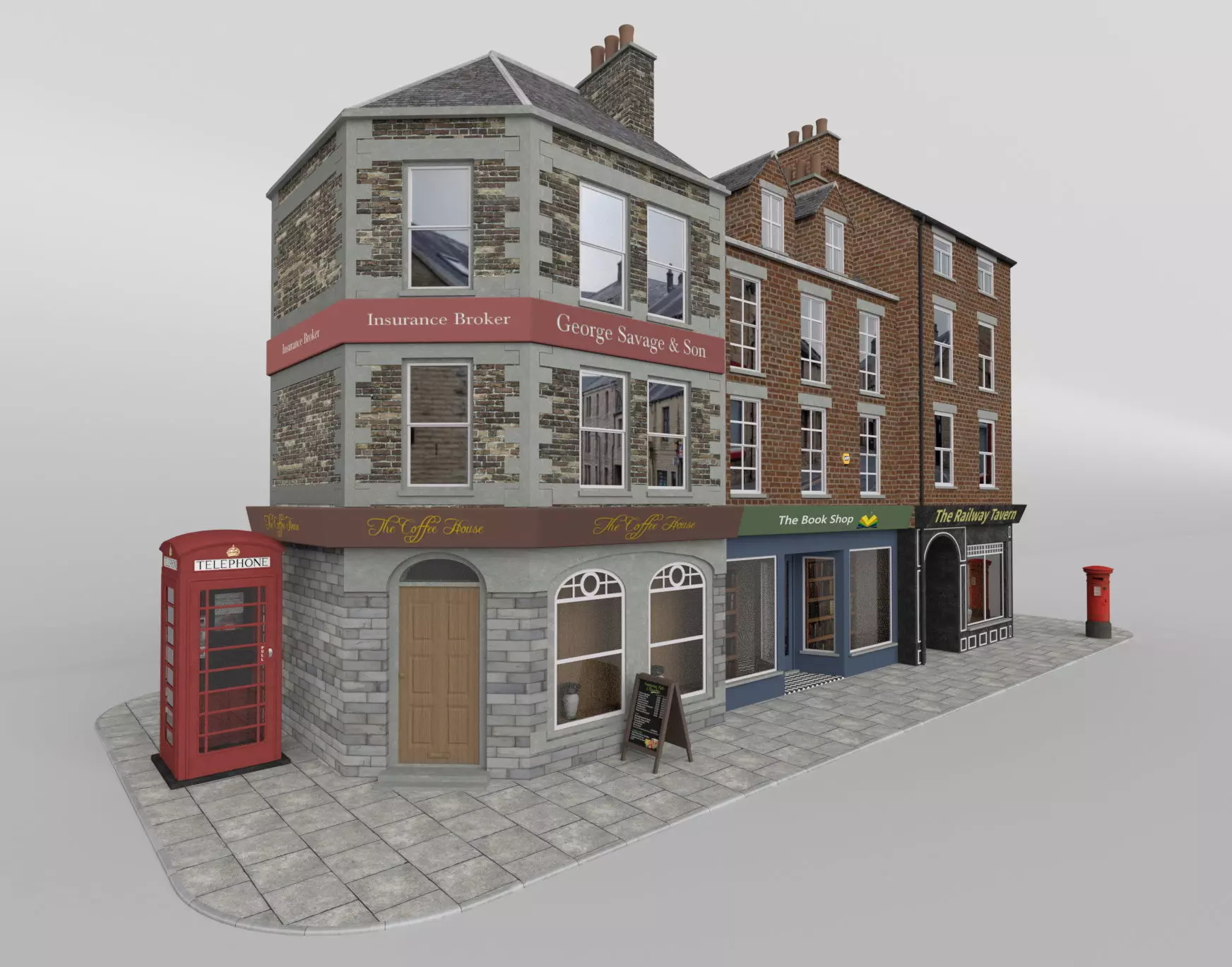 Uk town buildings with telephone and post box Low-poly 3D model_0