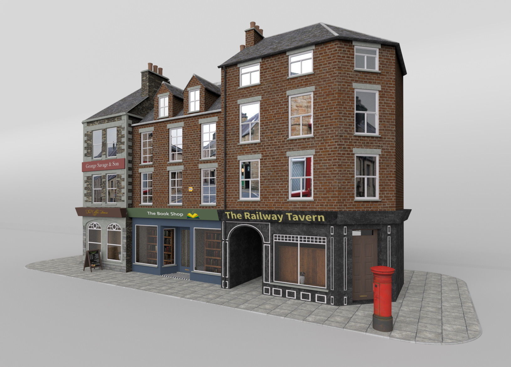 Uk town buildings with telephone and post box Low-poly 3D model_1