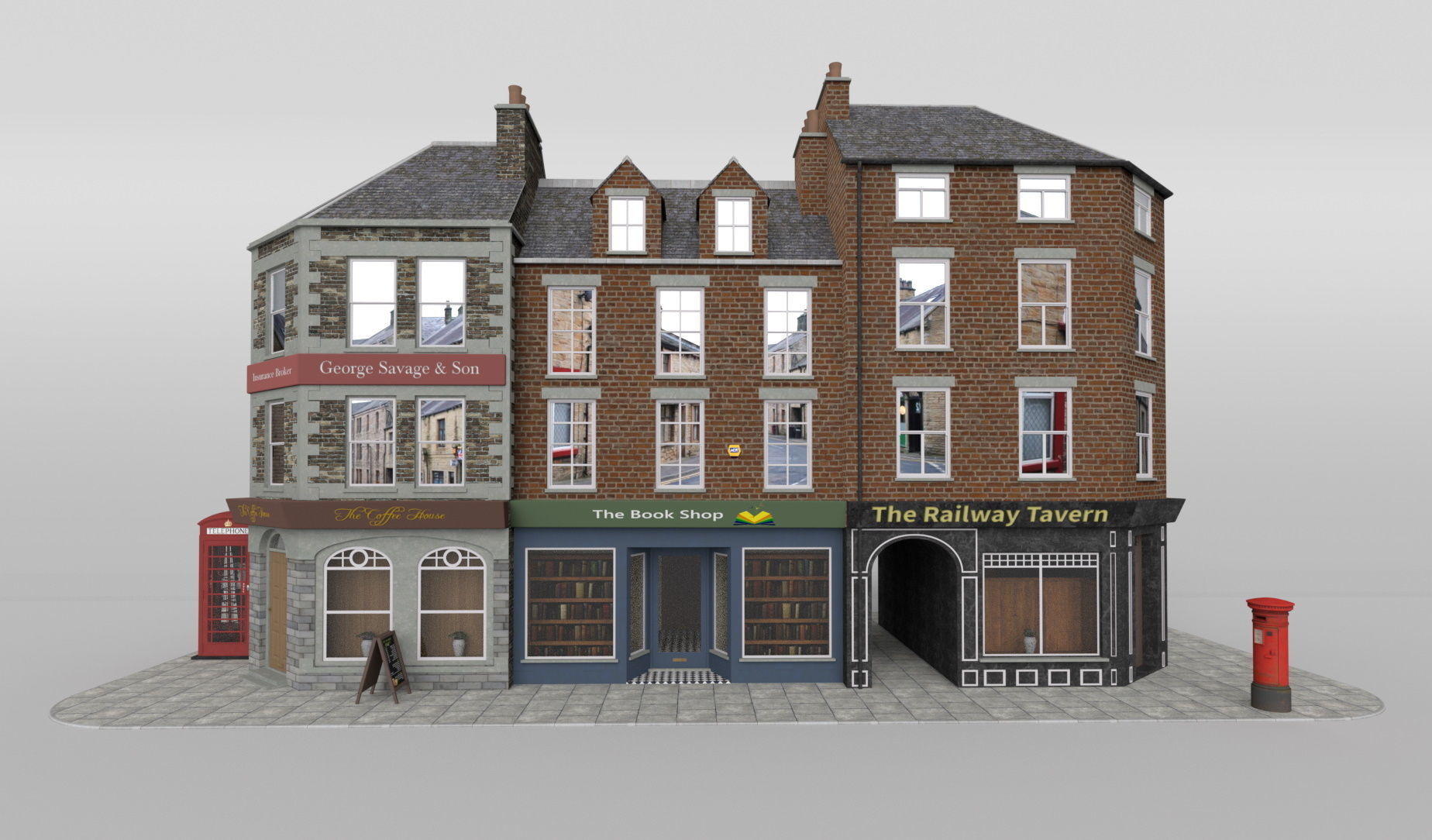 Uk town buildings with telephone and post box Low-poly 3D model_2