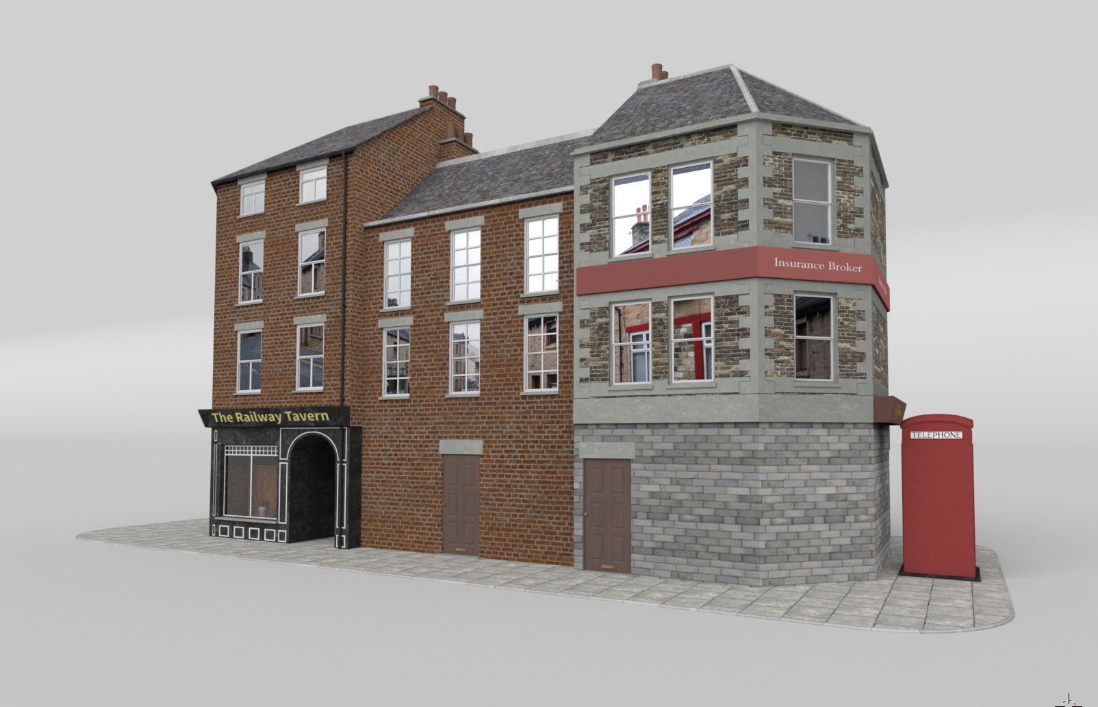 Uk town buildings with telephone and post box Low-poly 3D model_4