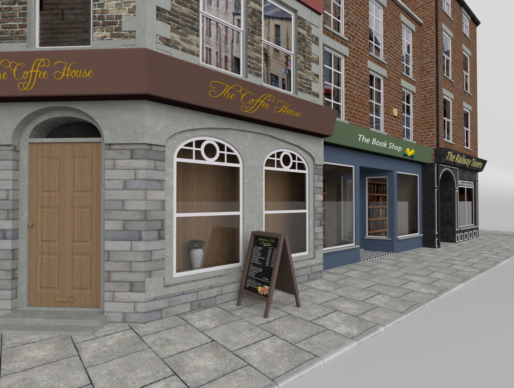 Uk town buildings with telephone and post box Low-poly 3D model_3