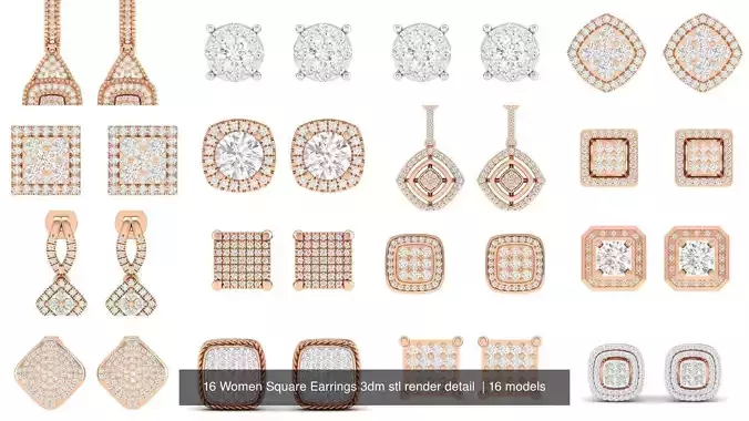 15 Women Square Earrings 3dm stl render detail  3D Model Collection