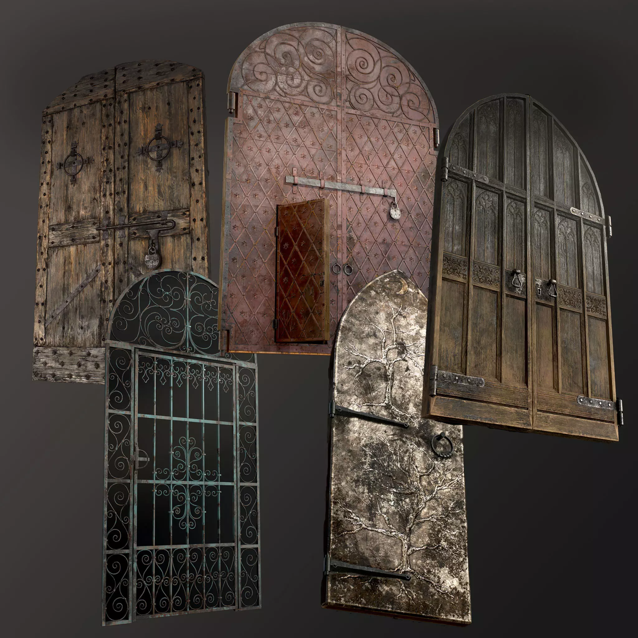 Five Medieval Doors 3D Model Collection_0