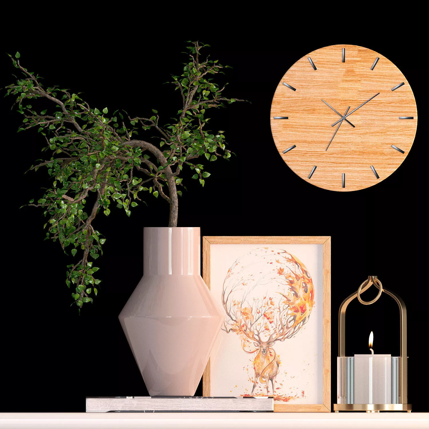 Decorative Set wooden shelf with clock and vase 3D model