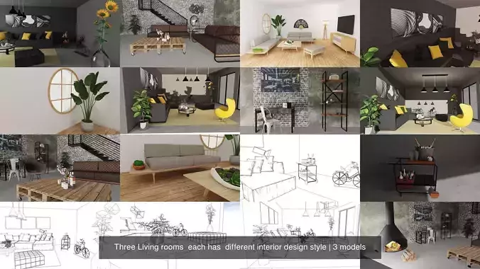 Three Living rooms  each has  different interior design style