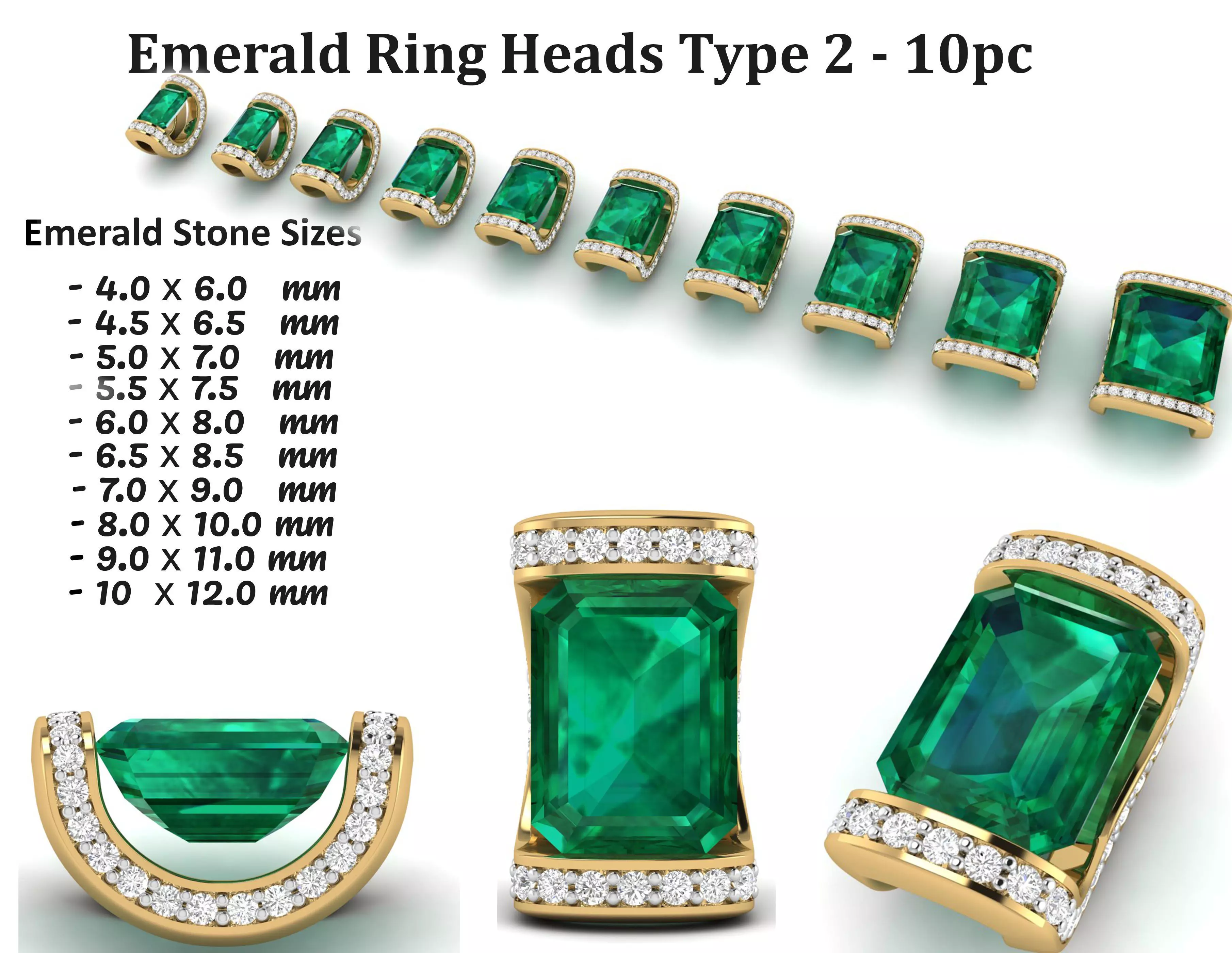 Emerald Ring Heads Type 2 - 10pc 3D print model