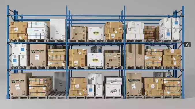 Cardboard boxes Metal shelve  Wooden pallet  Low-poly 3D model