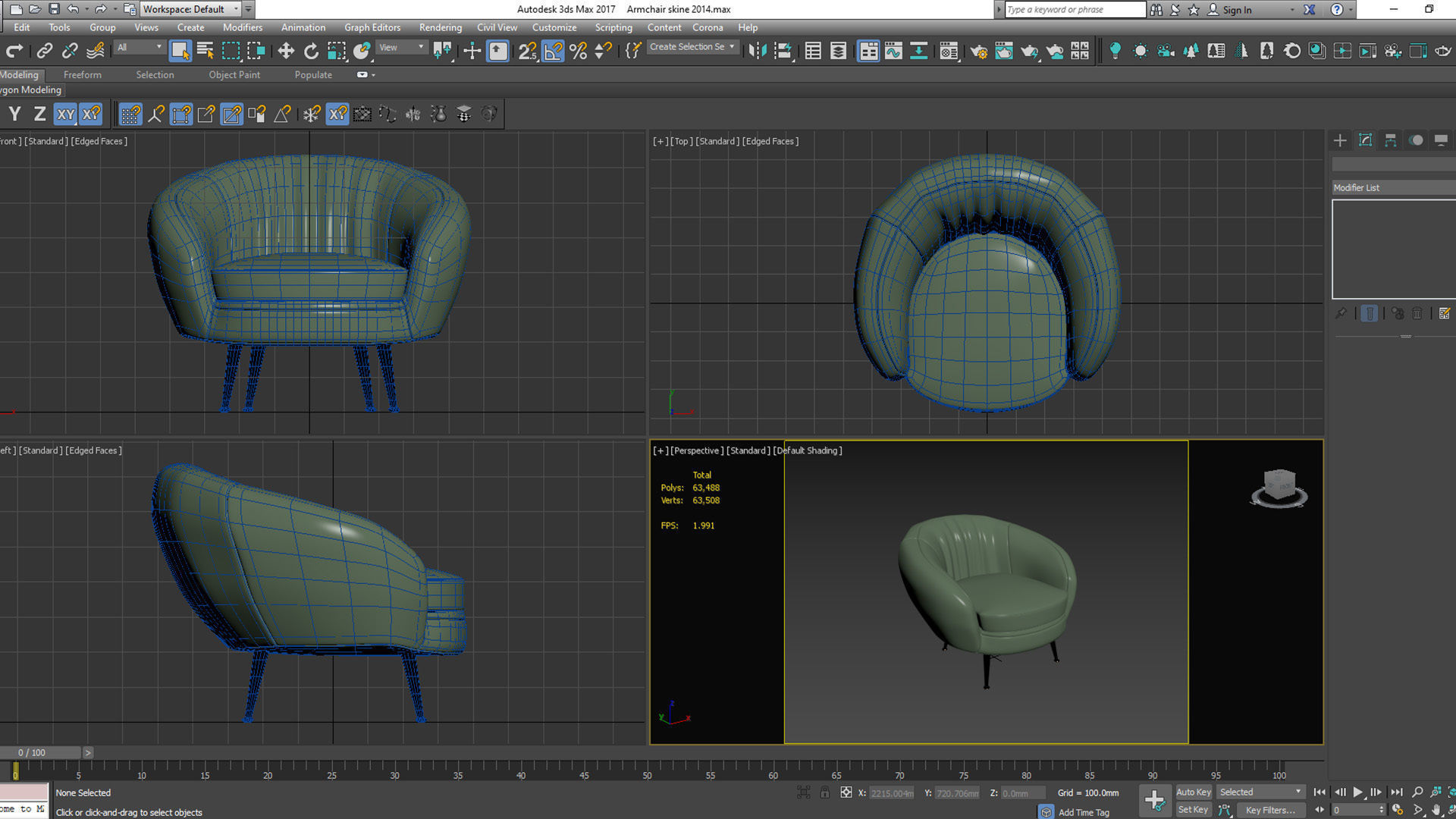 Armchair leather chair with gold legs Low-poly 3D model_8