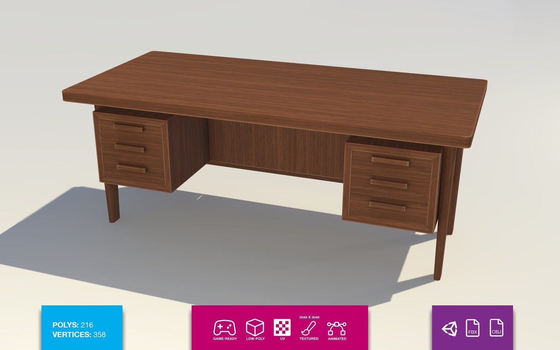 Mid Century Desk - No 2 Low-poly 3D model_1