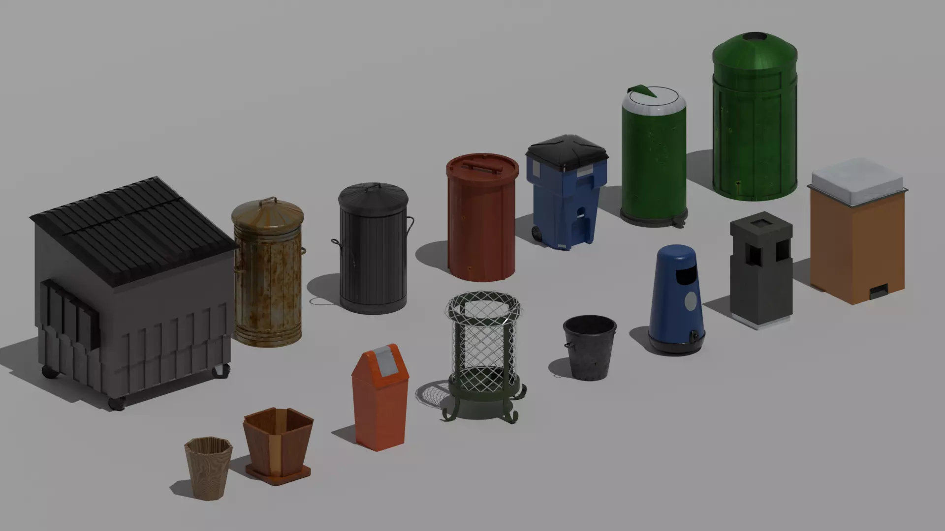 Trash bin pack 15 piece Low-poly 3D model_0