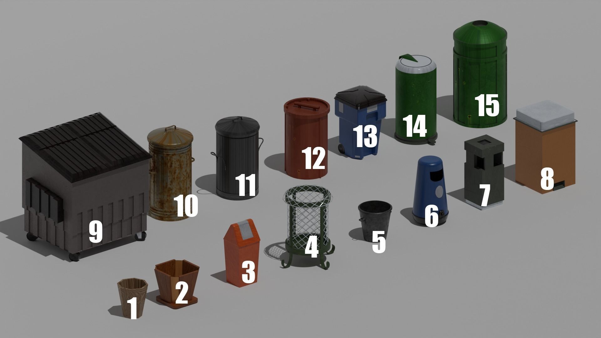 Trash bin pack 15 piece Low-poly 3D model_2