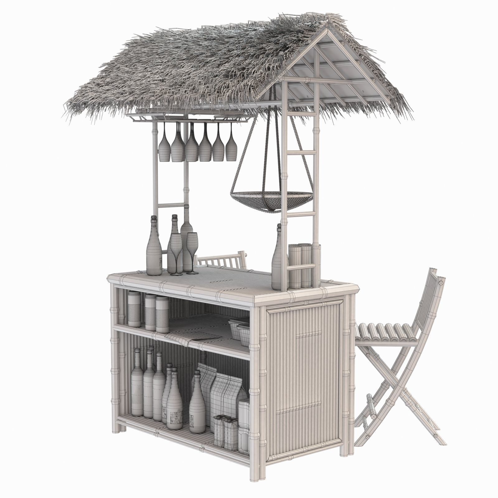 Beach Bamboo tiki bar with bottles and glasses 3D model_10