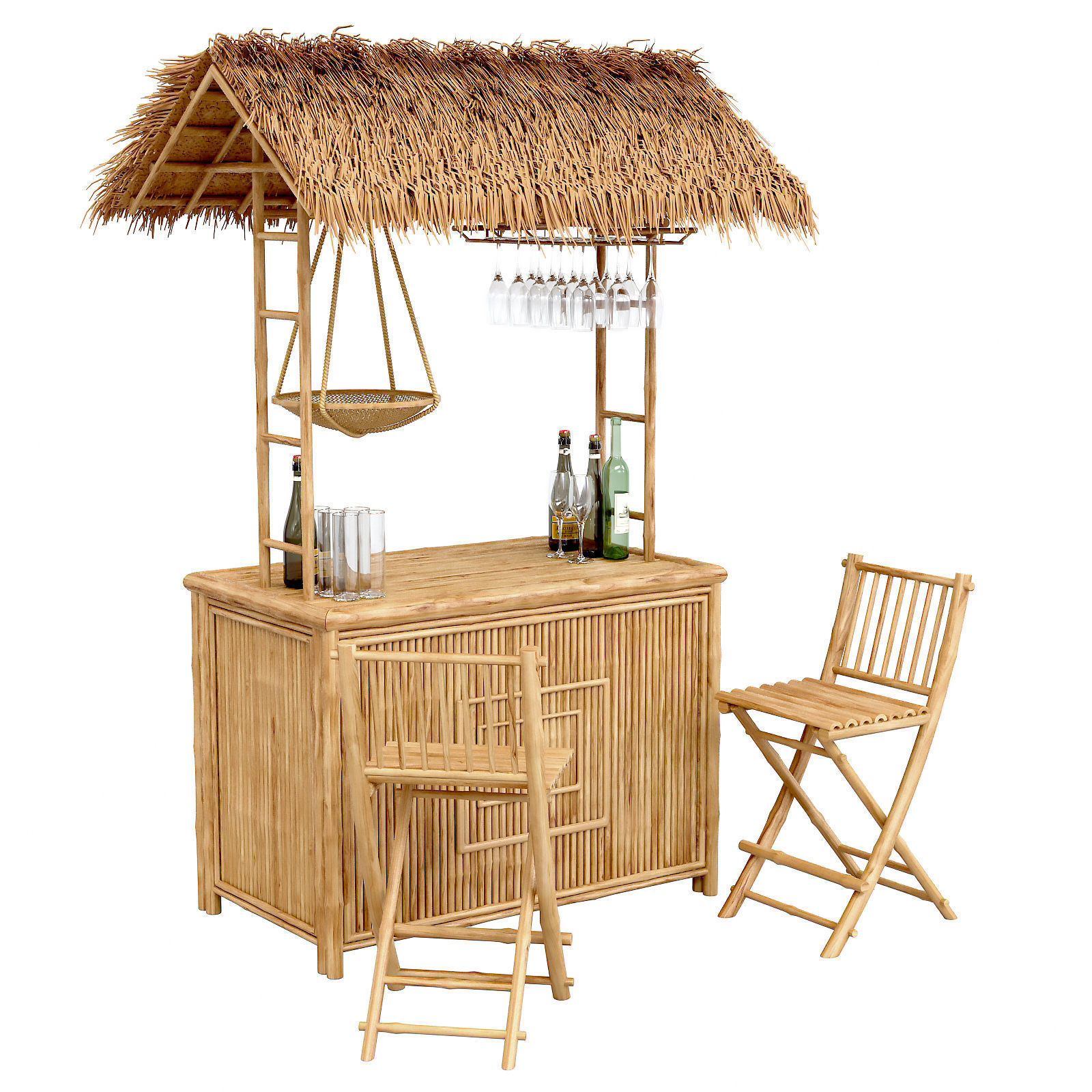 Beach Bamboo tiki bar with bottles and glasses 3D model_2