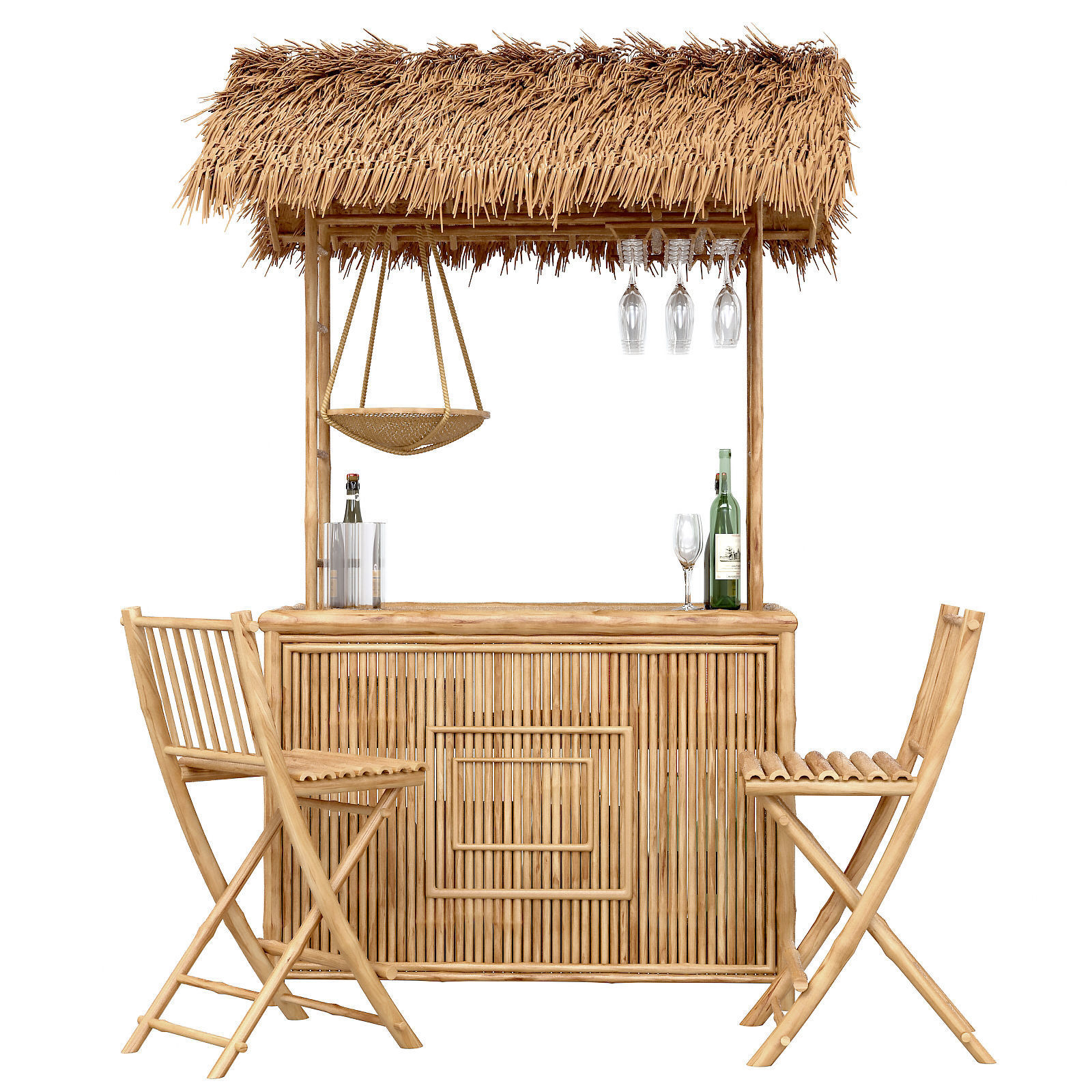 Beach Bamboo tiki bar with bottles and glasses 3D model_1