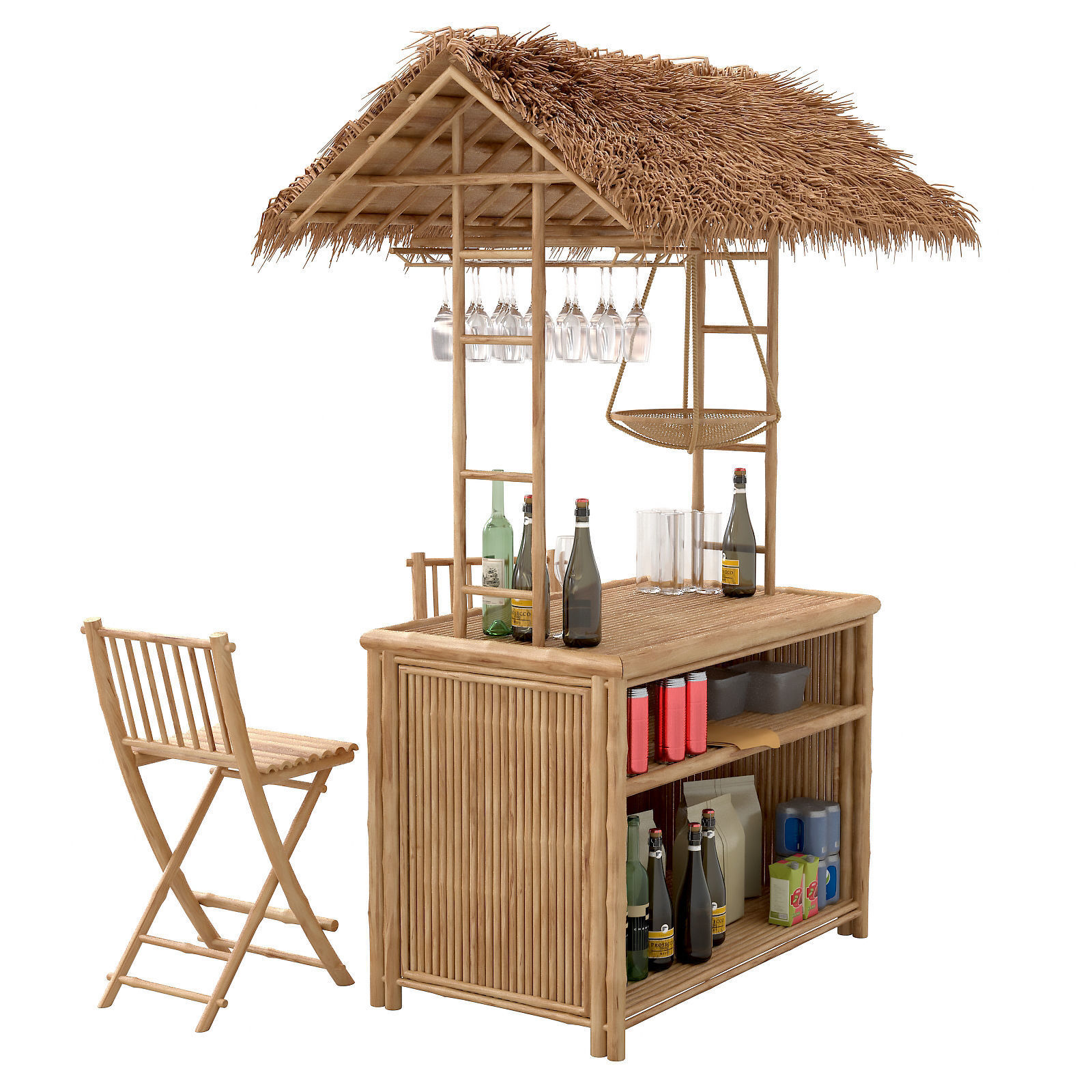 Beach Bamboo tiki bar with bottles and glasses 3D model_6