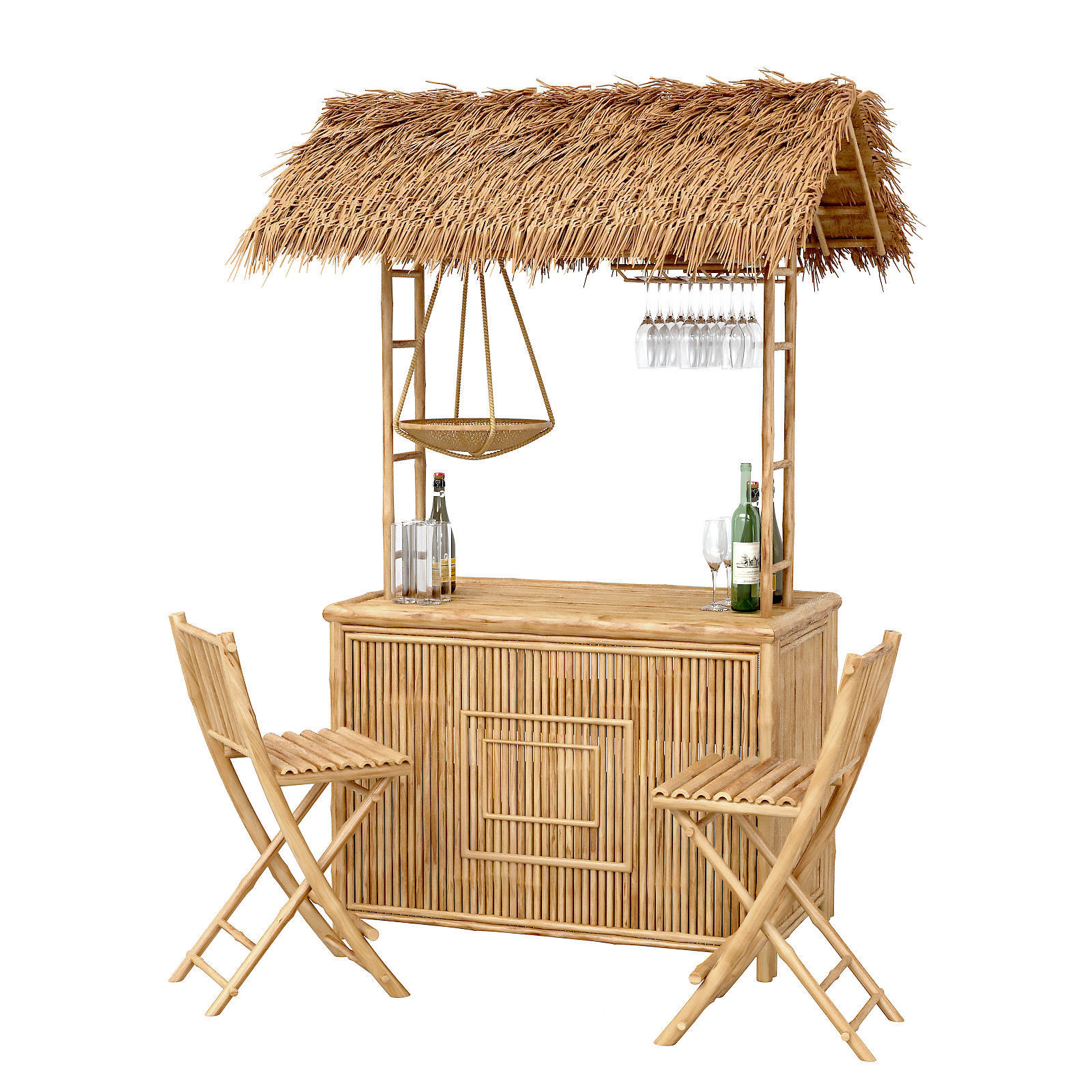 Beach Bamboo tiki bar with bottles and glasses 3D model_3