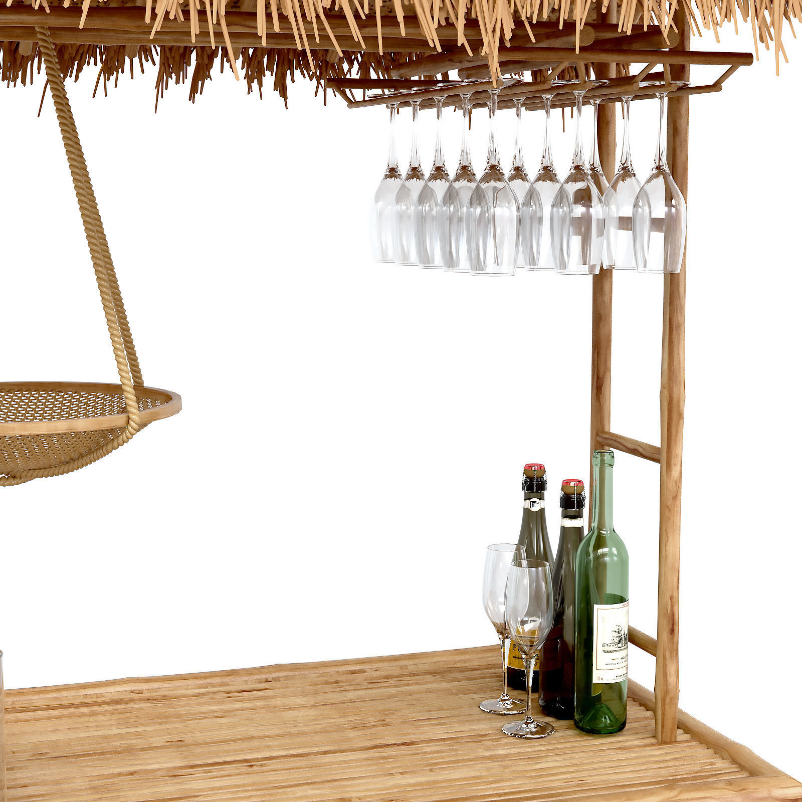Beach Bamboo tiki bar with bottles and glasses 3D model_8
