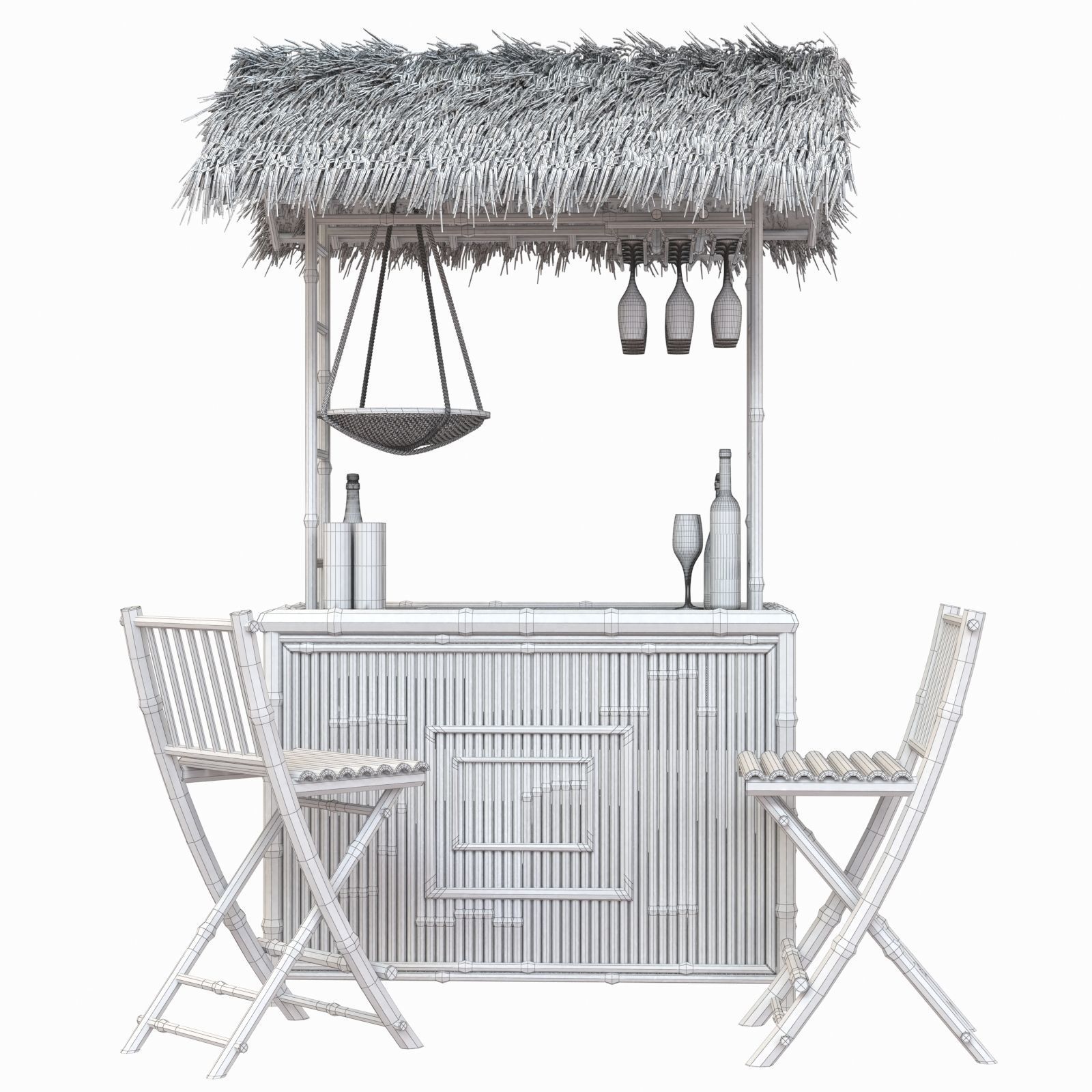 Beach Bamboo tiki bar with bottles and glasses 3D model_11