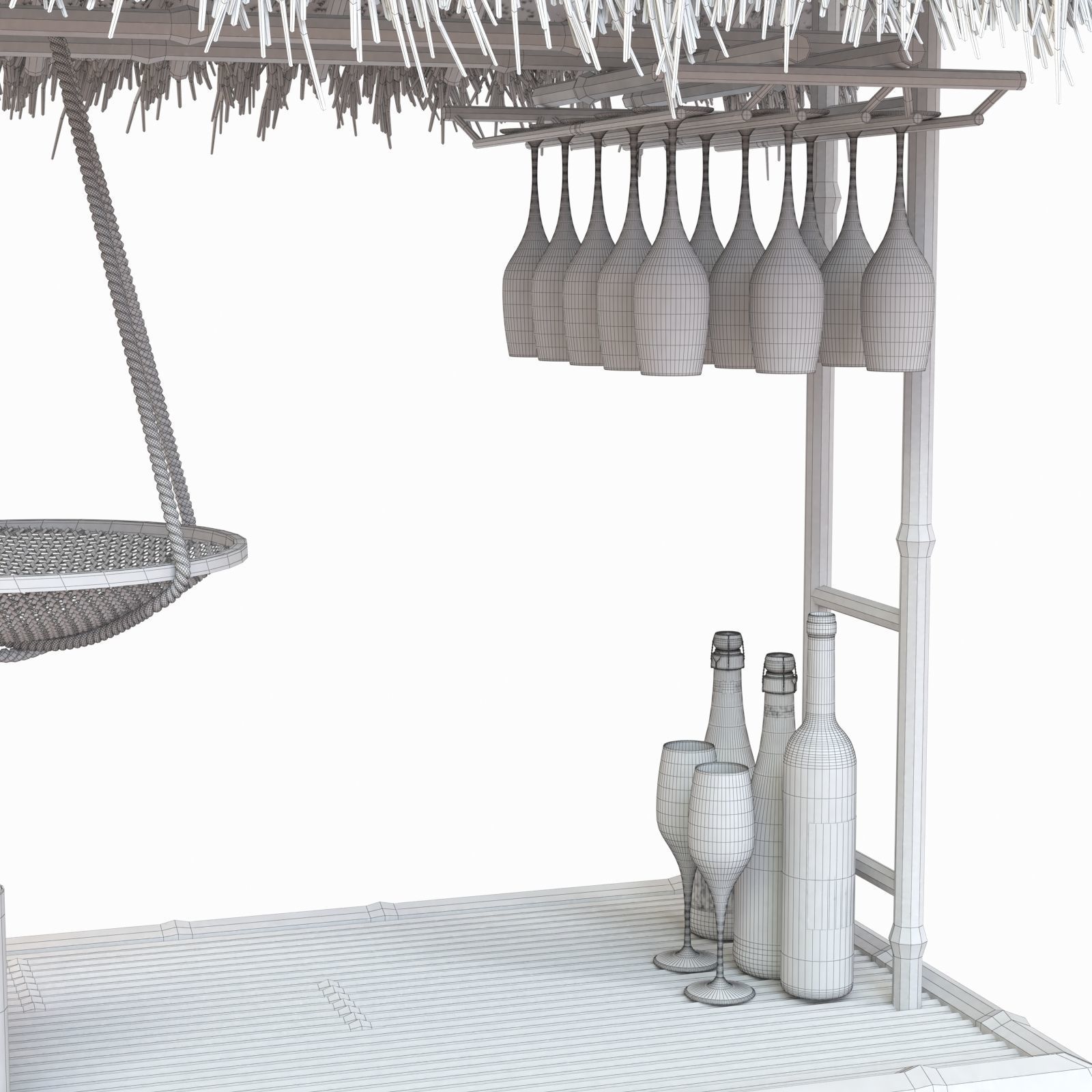 Beach Bamboo tiki bar with bottles and glasses 3D model_12