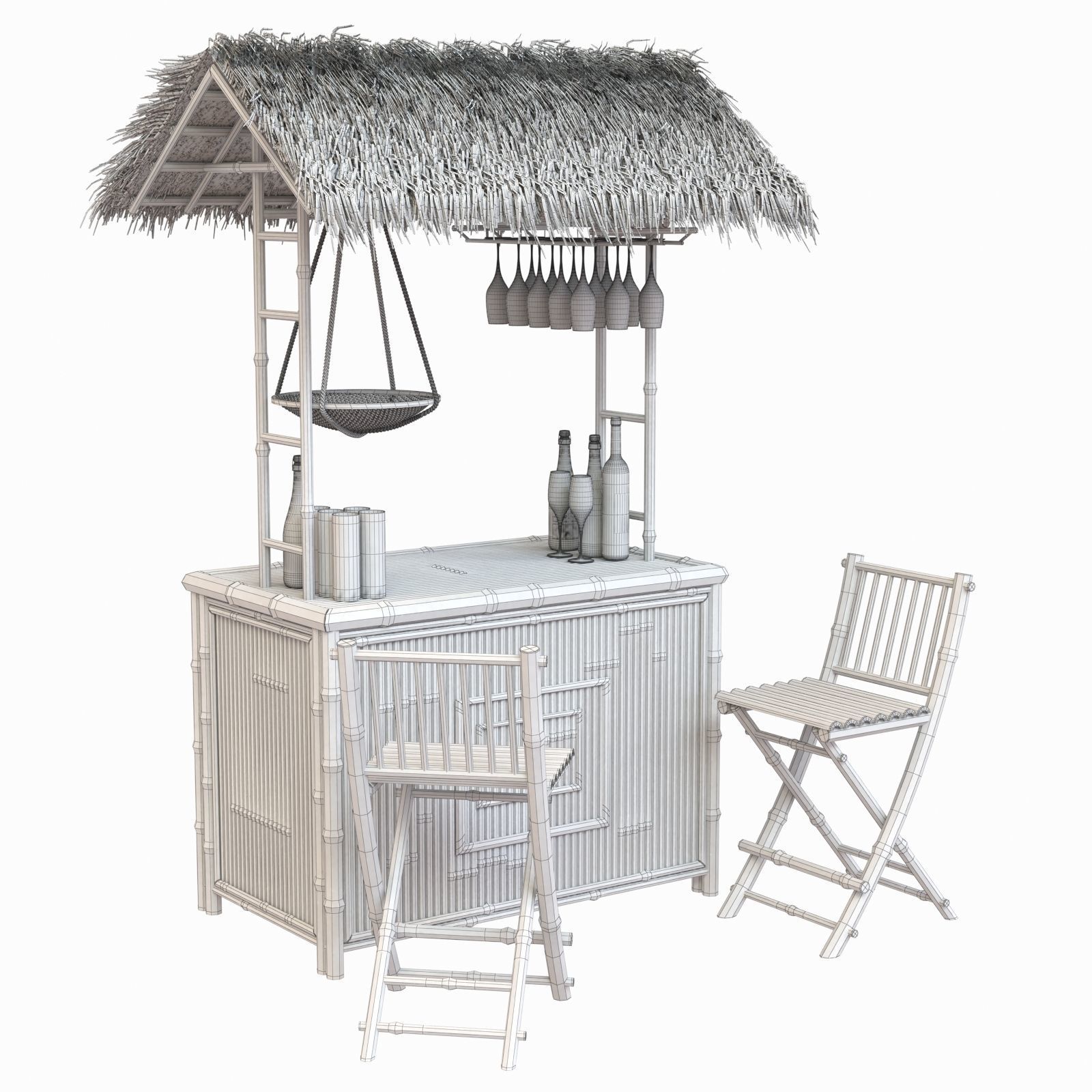 Beach Bamboo tiki bar with bottles and glasses 3D model_15