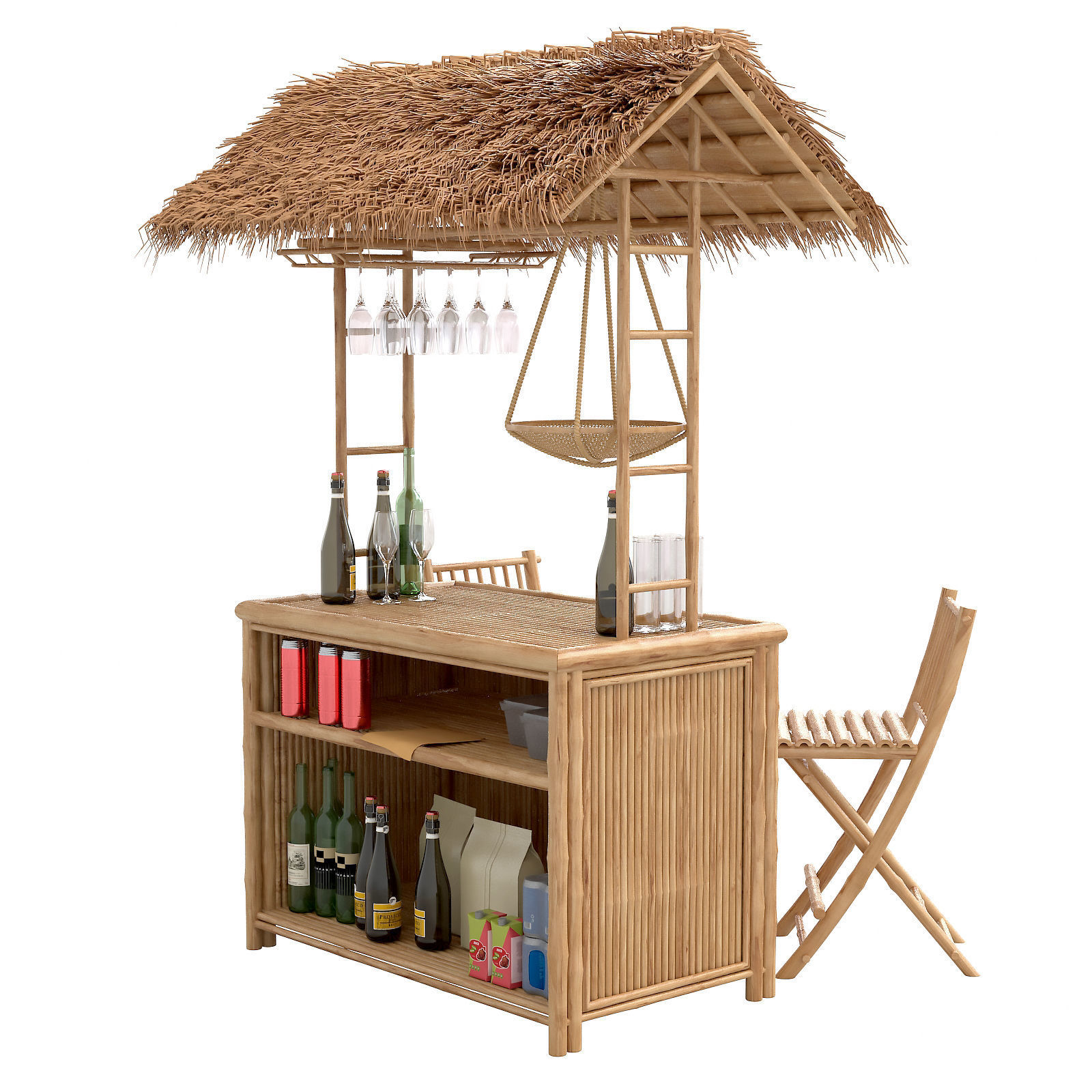 Beach Bamboo tiki bar with bottles and glasses 3D model_4