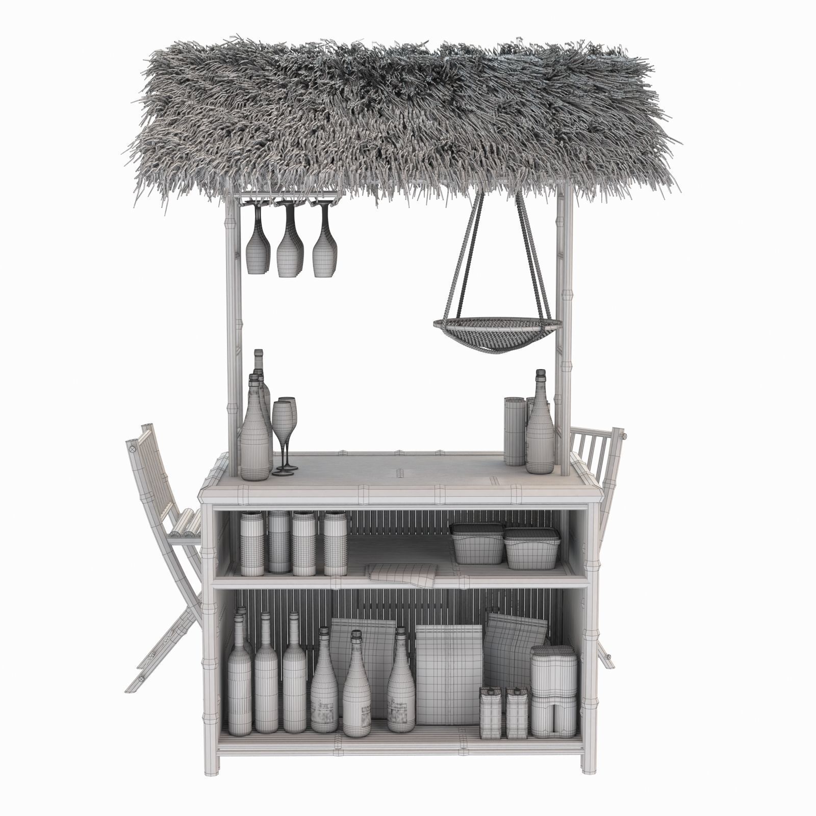 Beach Bamboo tiki bar with bottles and glasses 3D model_14