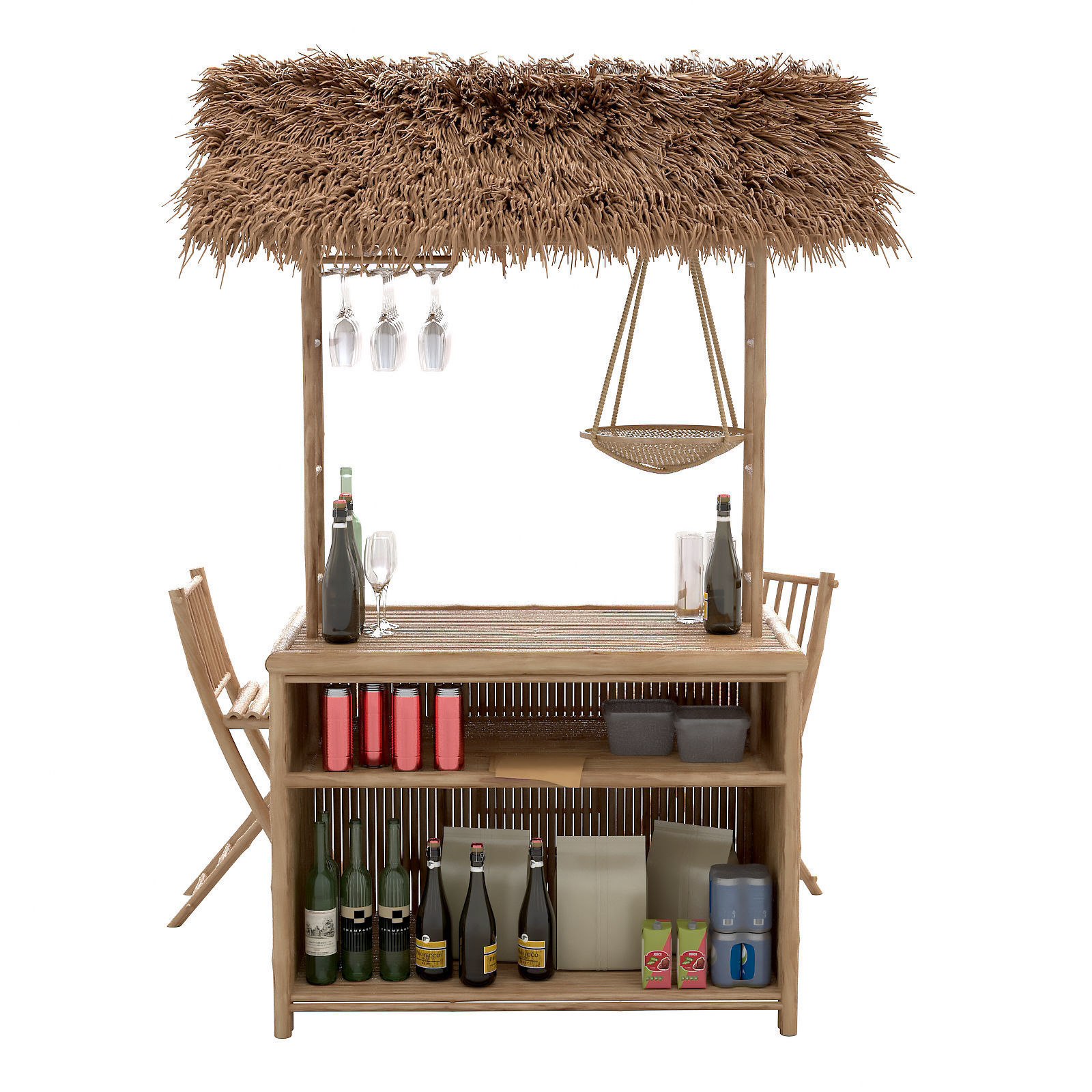 Beach Bamboo tiki bar with bottles and glasses 3D model_5