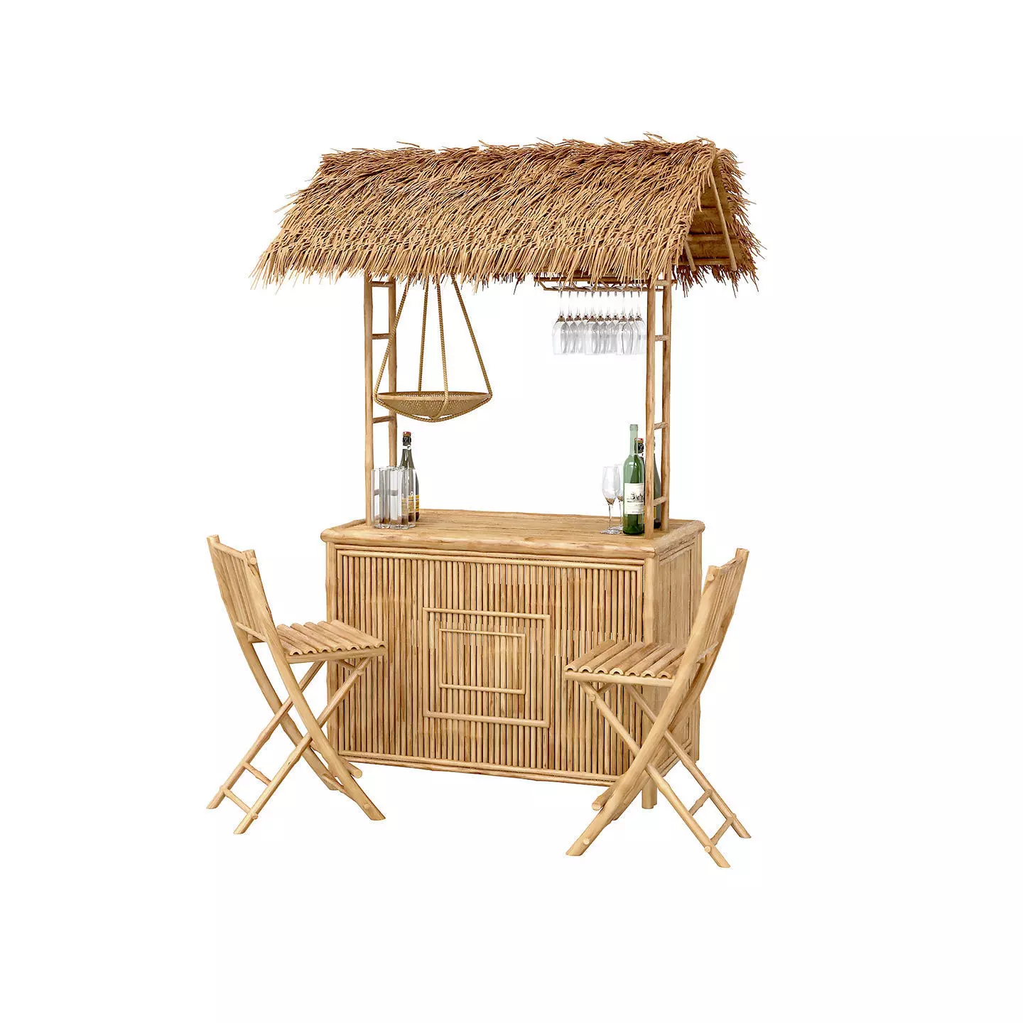Beach Bamboo tiki bar with bottles and glasses 3D model_0