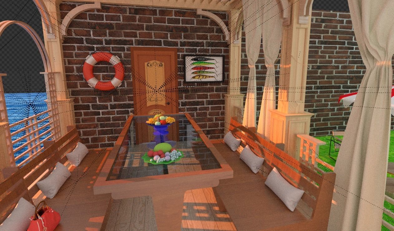 pergola house on beach with umbrella 3D model_4