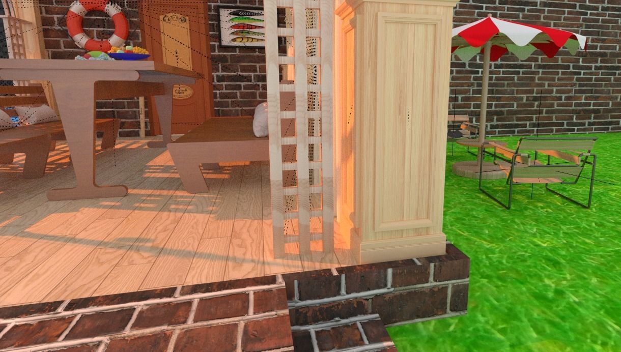 pergola house on beach with umbrella 3D model_3