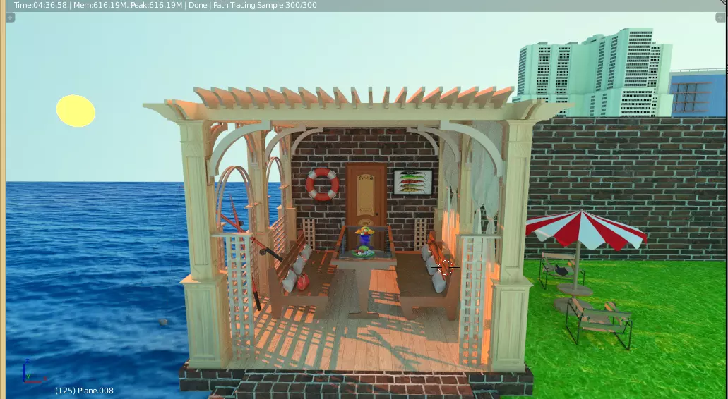 pergola house on beach with umbrella 3D model_0