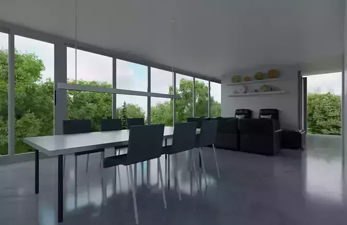 Realistic Interior Model modern living room with windows