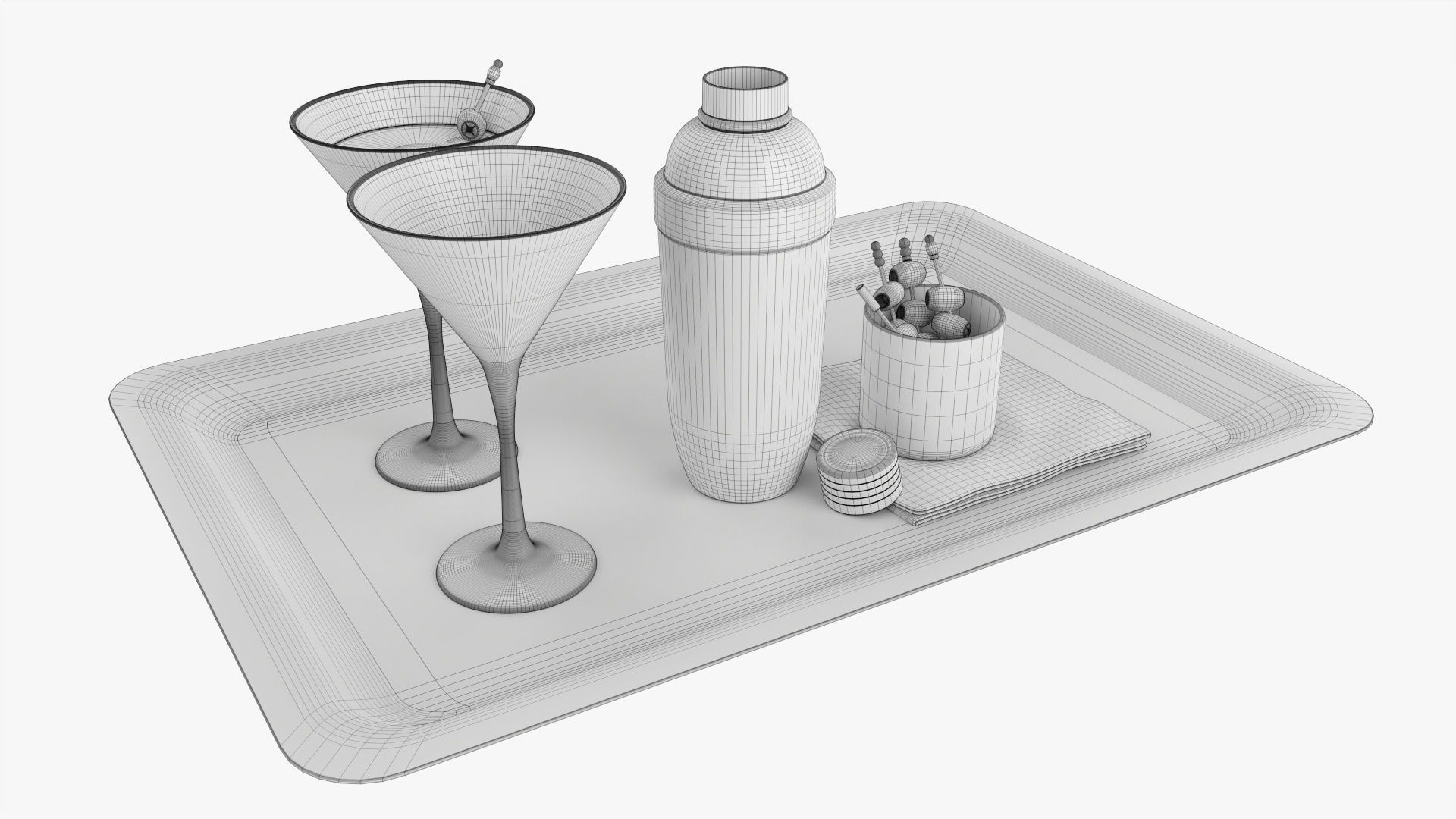Cocktail with shaker and olives on tray 3D model_6