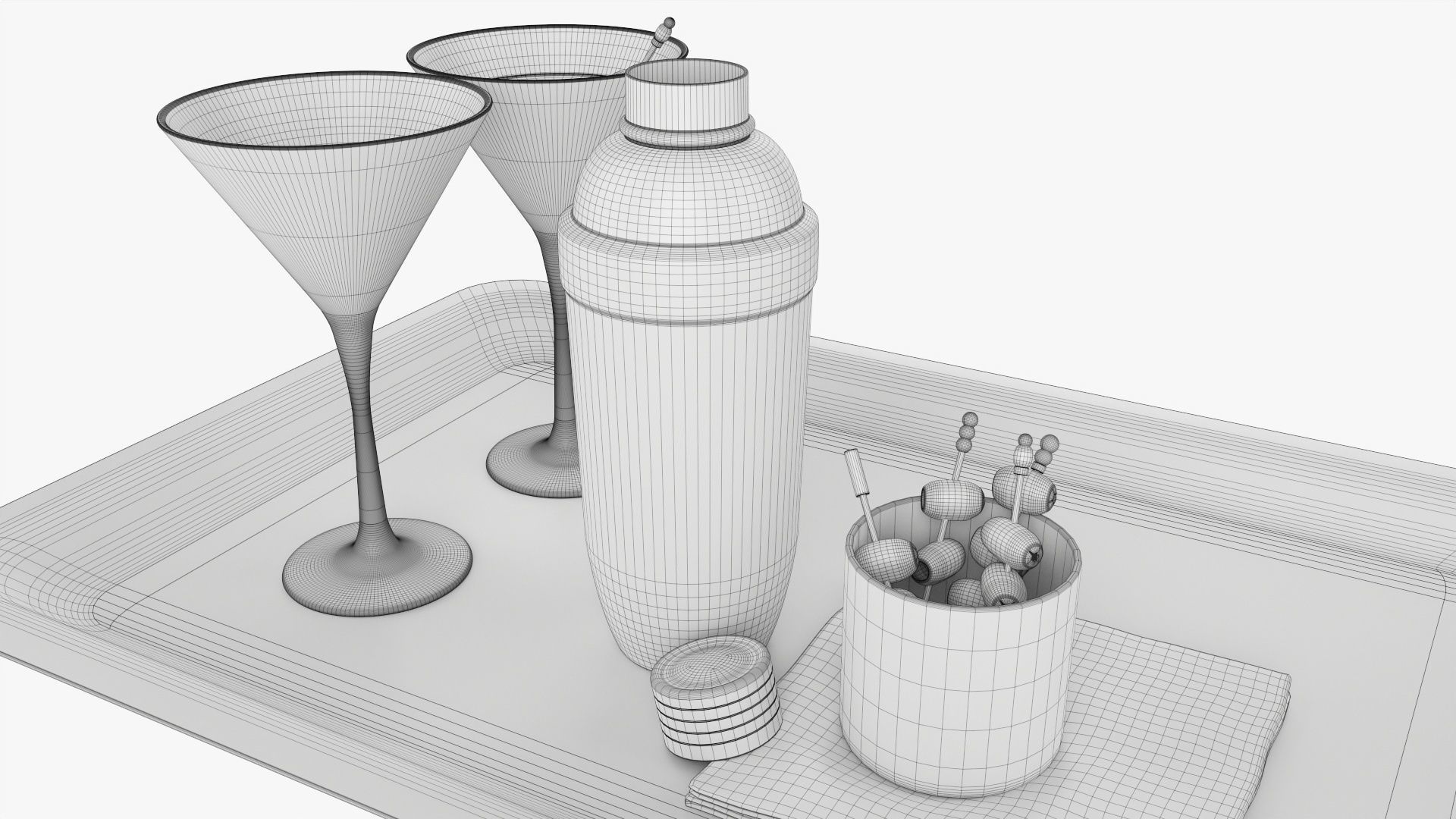 Cocktail with shaker and olives on tray 3D model_8