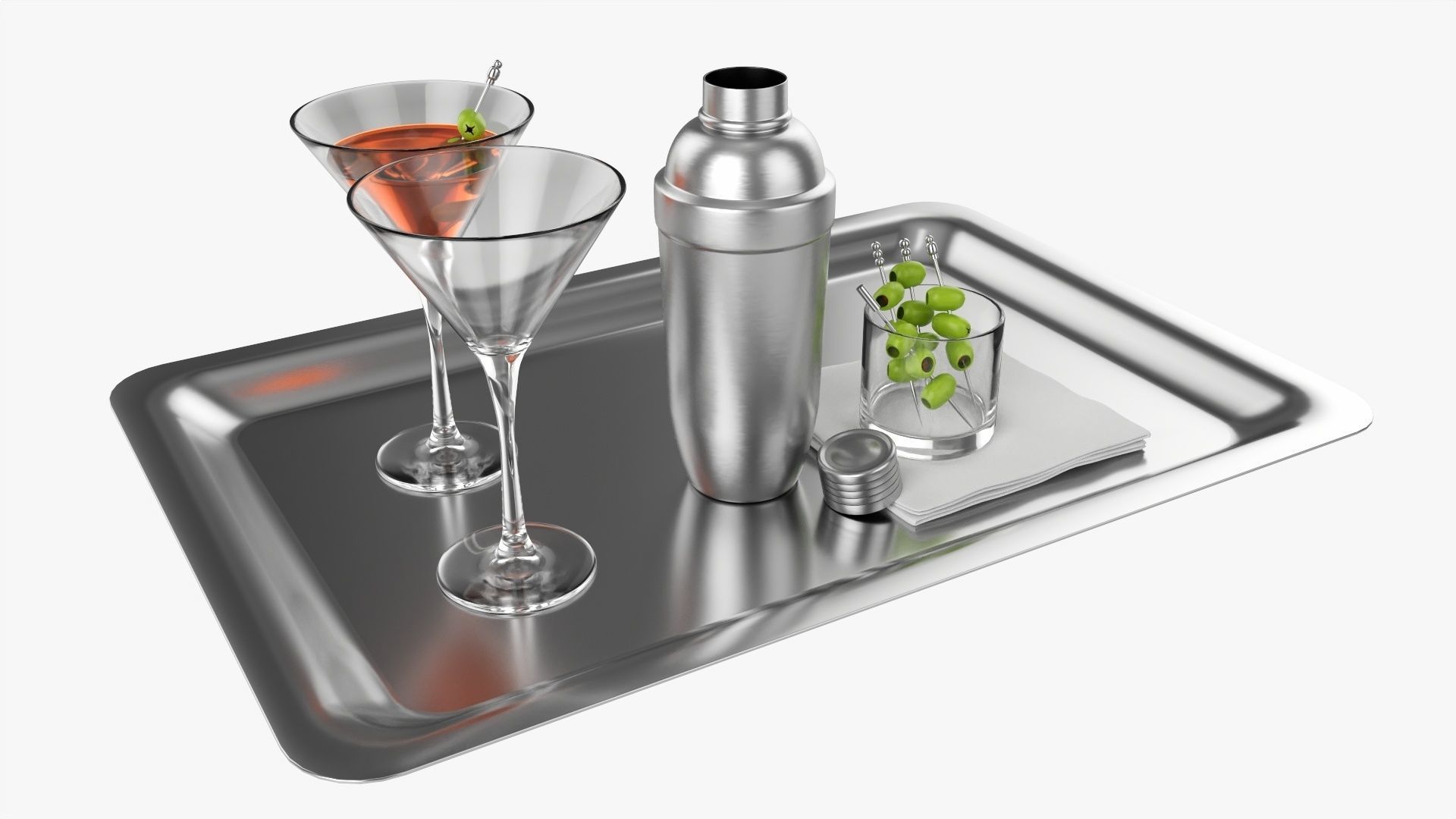 Cocktail with shaker and olives on tray 3D model_1