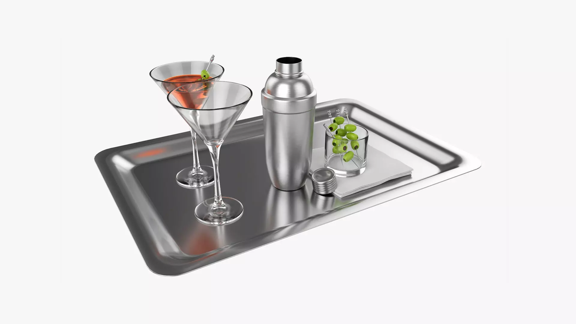 Cocktail with shaker and olives on tray 3D model_0