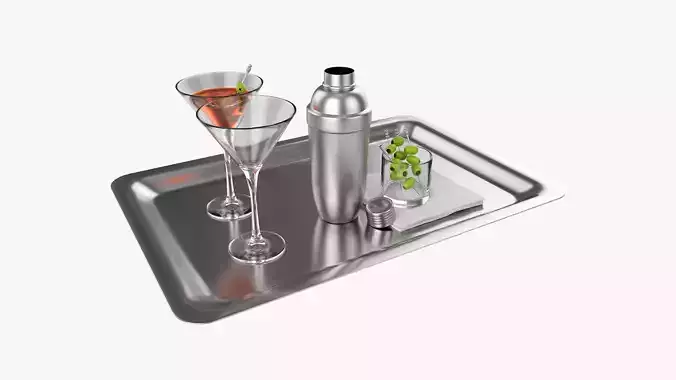 Cocktail with shaker and olives on tray
