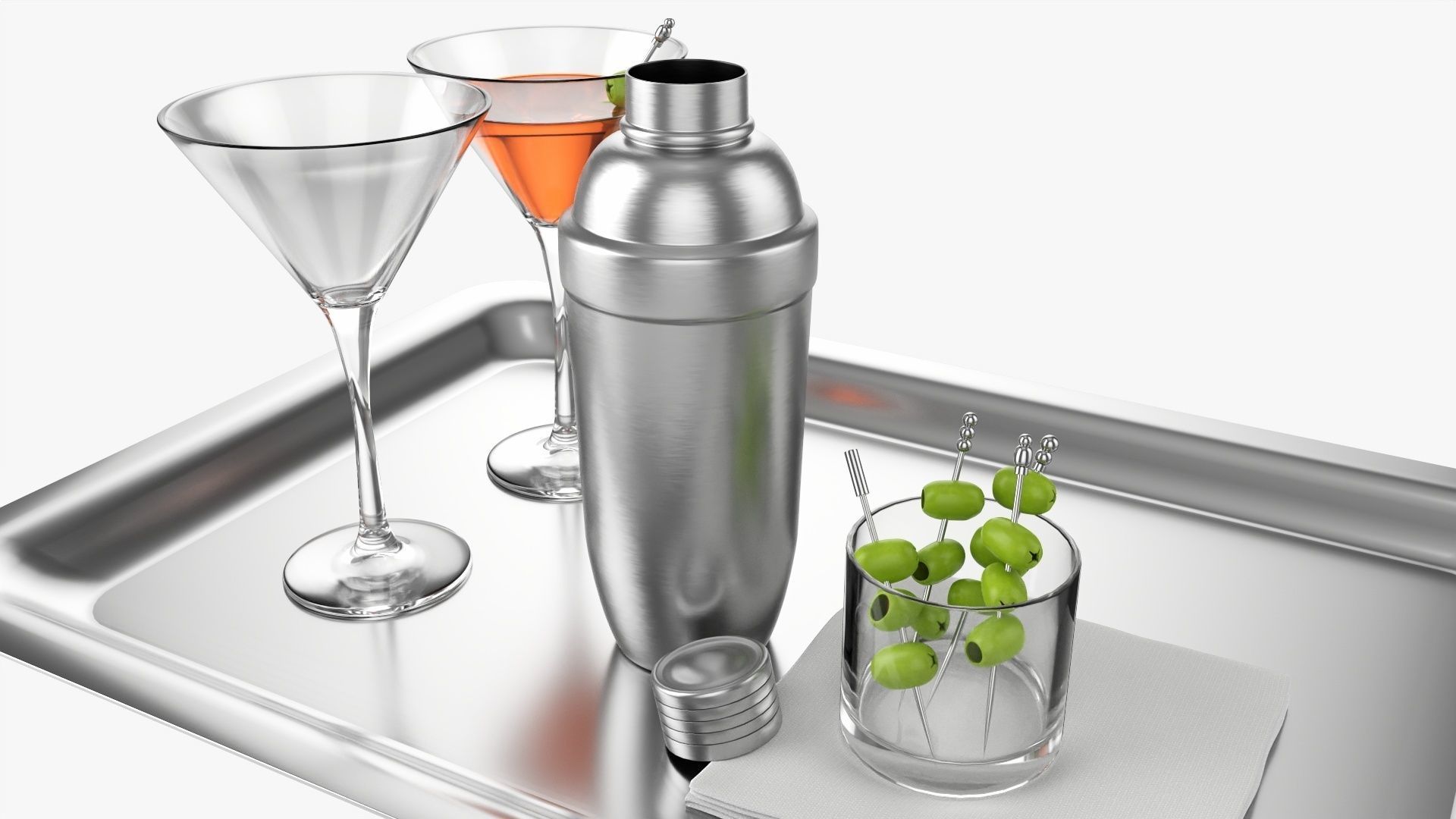 Cocktail with shaker and olives on tray 3D model_2