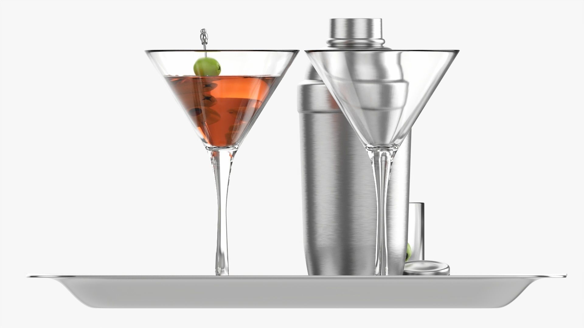 Cocktail with shaker and olives on tray 3D model_4