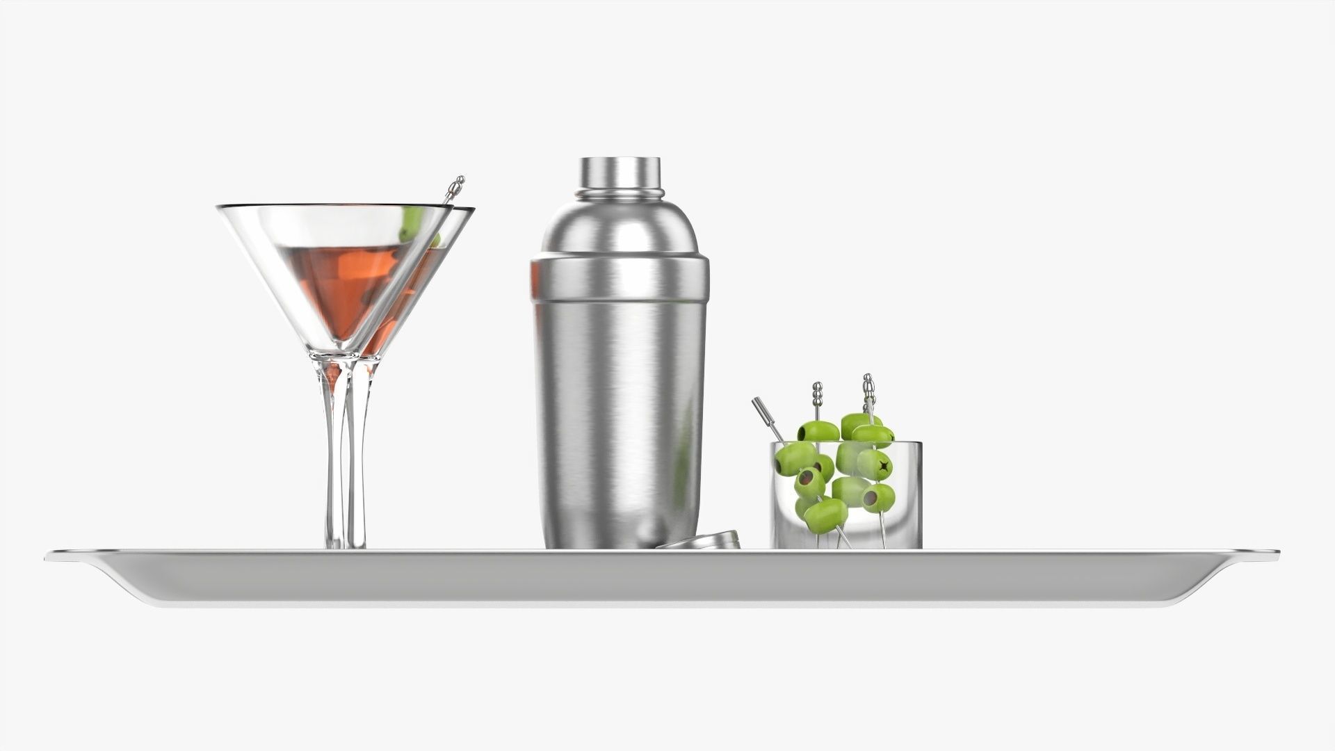 Cocktail with shaker and olives on tray 3D model_3