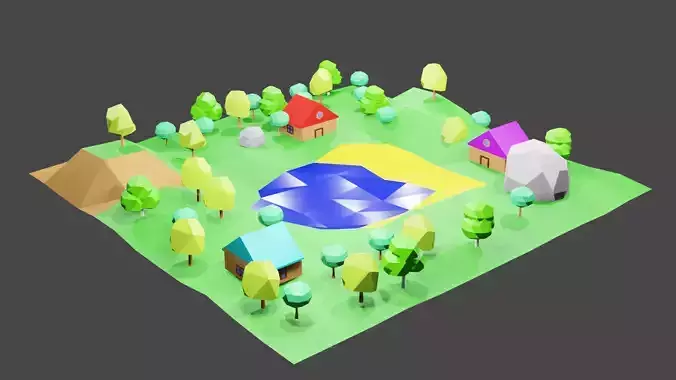 LowPoly3DLocation landscape with trees and houses