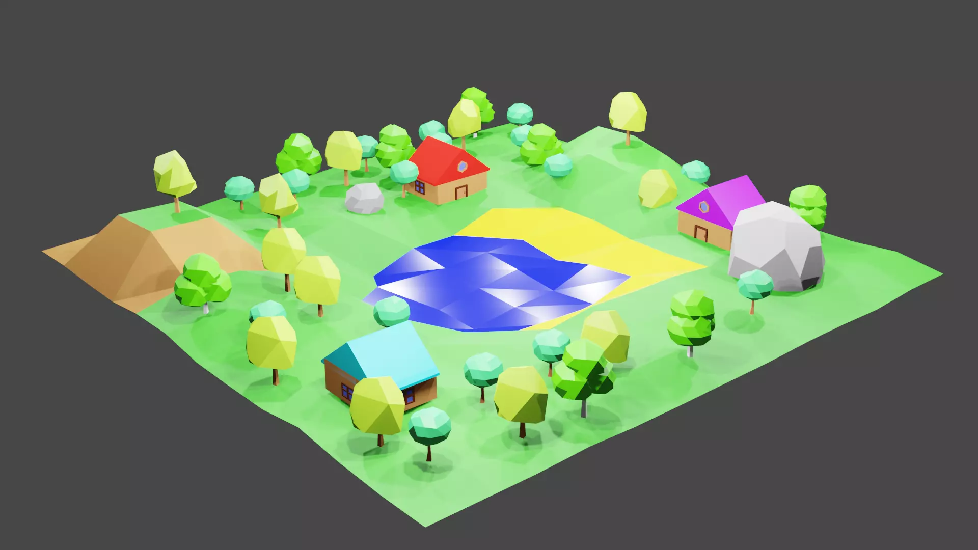 LowPoly3DLocation landscape with trees and houses Low-poly 3D model_0