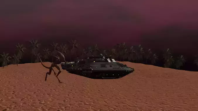 Alien and his ufo in a desert 