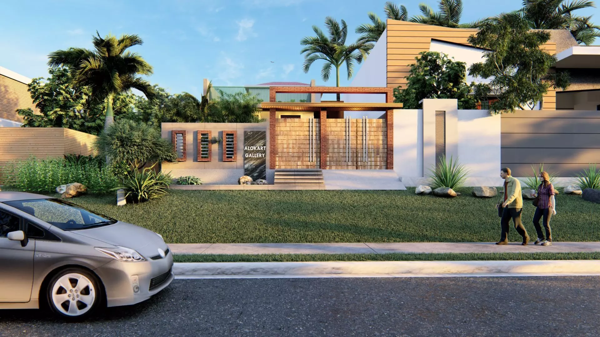 Exterior Render - 3D Model modern house with car Low-poly 3D model