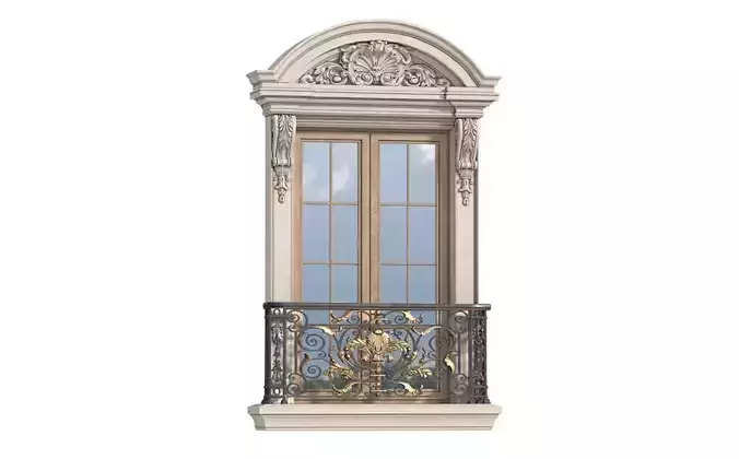 Classic facade window with French balcony Forged Fence  3D model