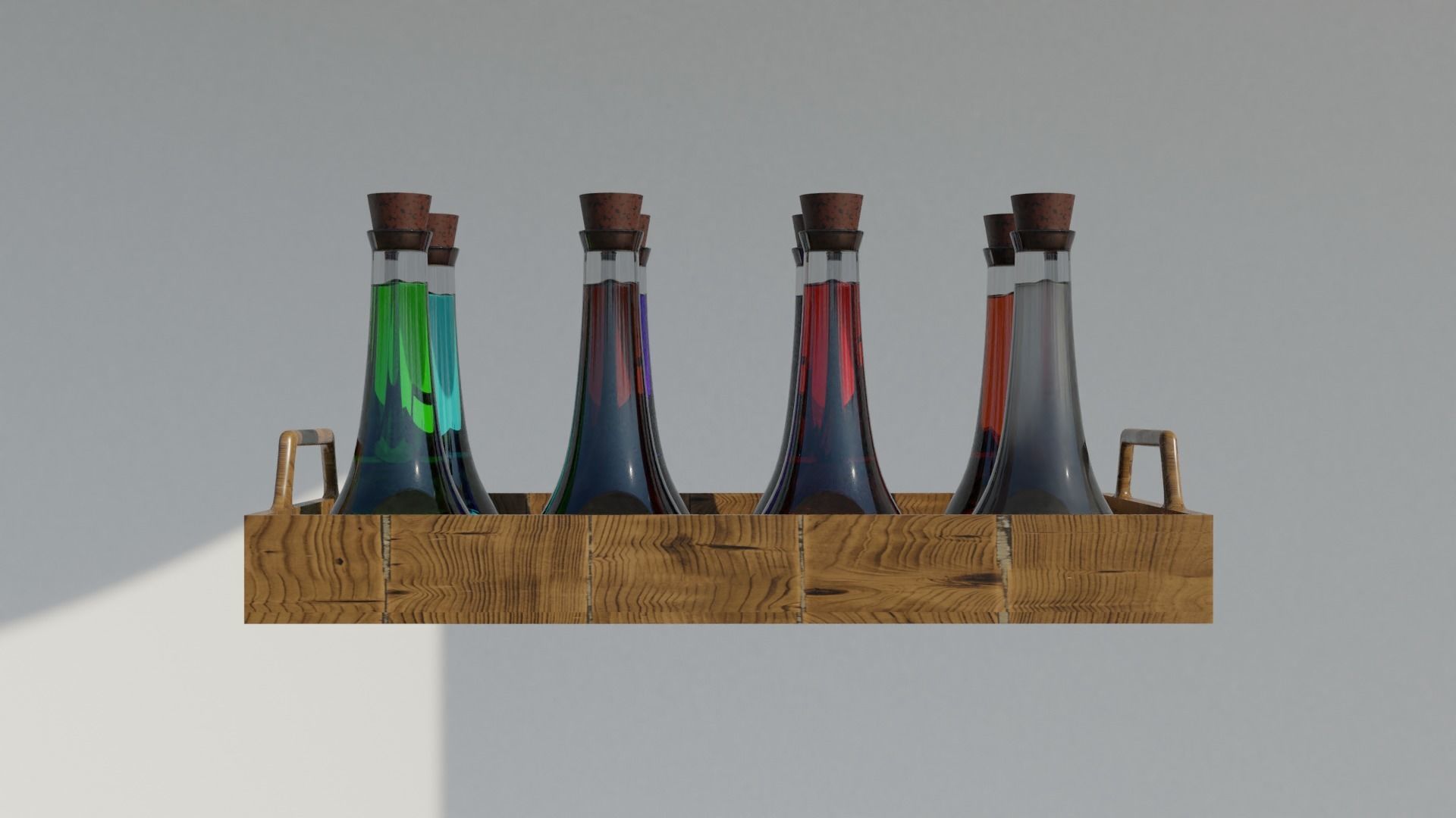 Eight potions bottles in a wooden tray 3D model_2
