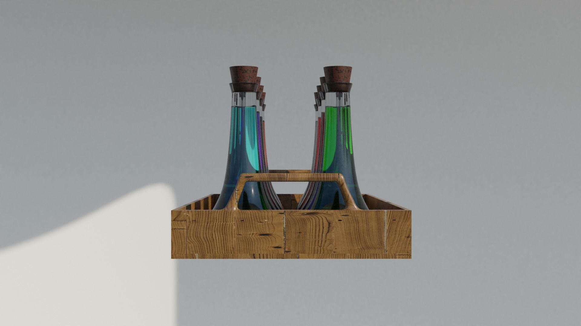 Eight potions bottles in a wooden tray 3D model_3
