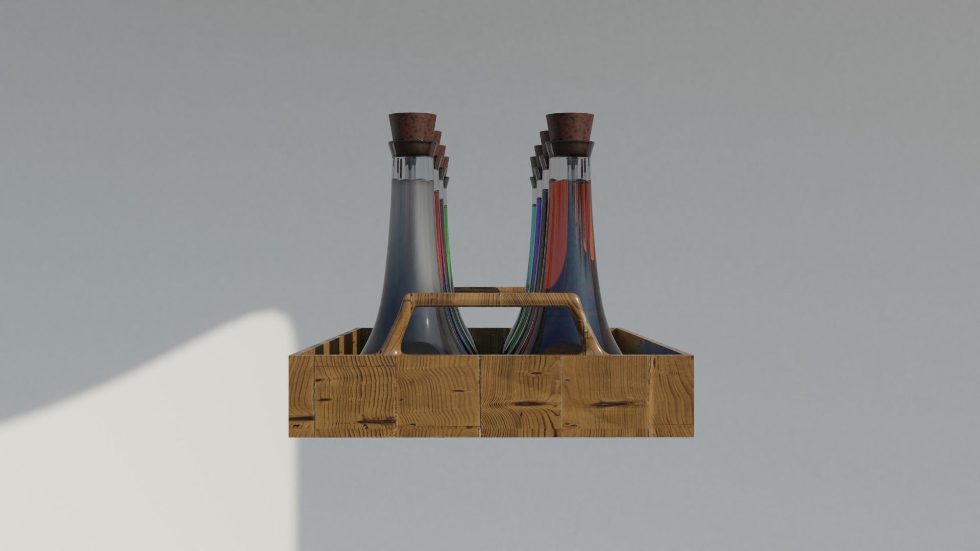 Eight potions bottles in a wooden tray 3D model_1