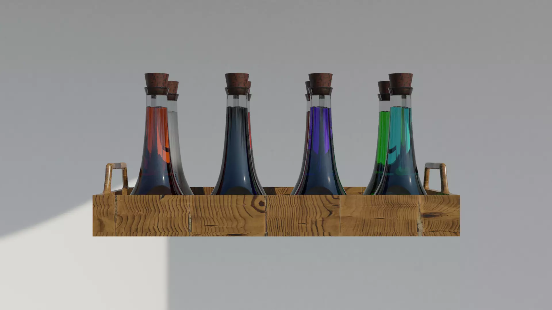 Eight potions bottles in a wooden tray 3D model_0